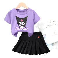 Hello Kitty Kuromi Kids Girls Student Uniform Skirts T Shirt Pleated Culottes Child Summer Skirt with Inner Safety Pant Dress 1