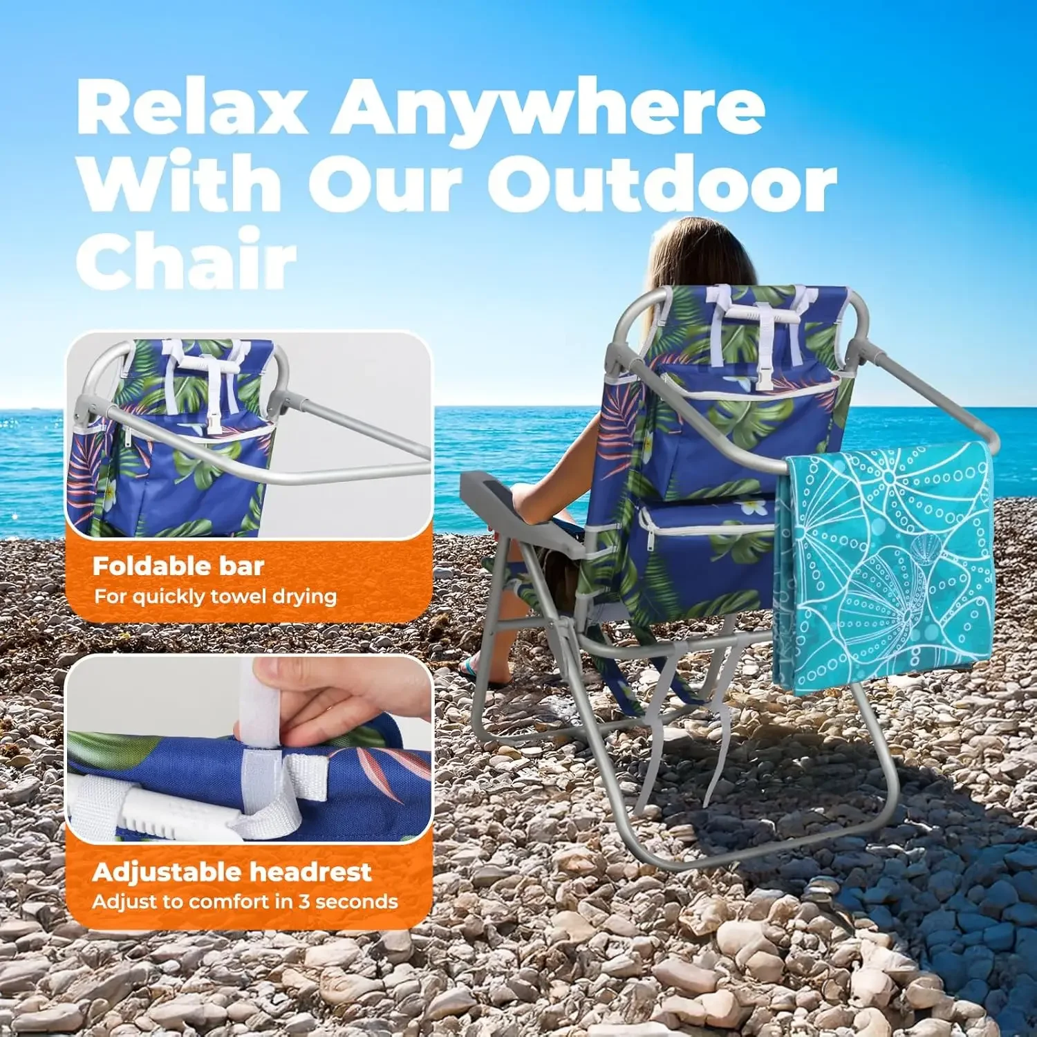 Tall Beach Chairs for Adults – 5-Position Reclining Backpack Chair with Large Insulated Cooler, Portable Beach Chair, 2 Pack