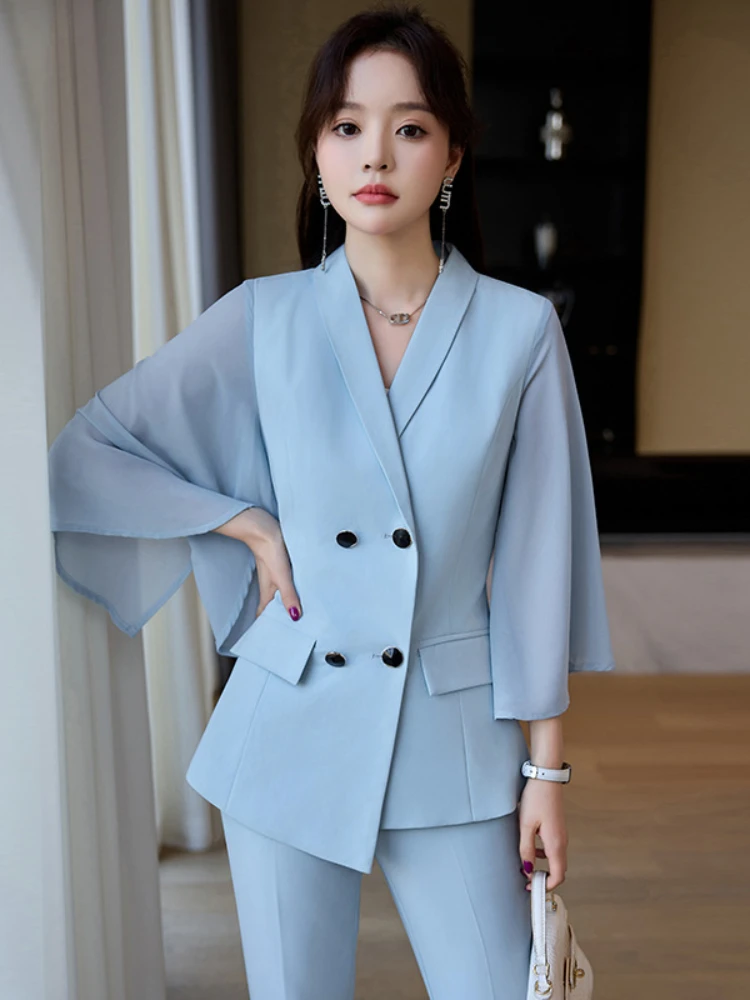 Summer Commuter Blue Blazer 2-Piece Set Women 2024 Thin Bell