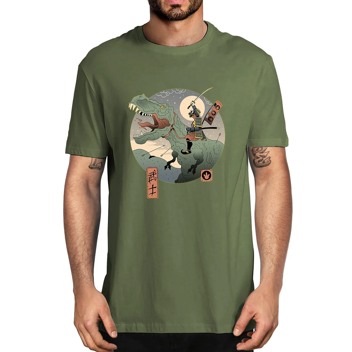 

Dinosaur Japanese Samurai Traditional Ukiyo-E Style Art 100% Cotton Summer Men's Novelty Oversized T-Shirt Women Casual Tee