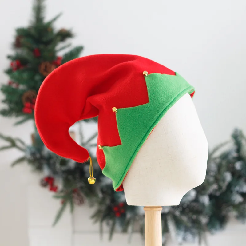 New Funny Christmas Elf Hat Creative Red and Green Hat Flannel Bell Holiday Party Headdress Clown Cap Christmas Party Ornaments