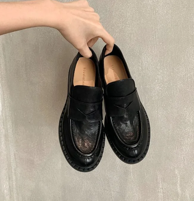 Βρετανικού στιλ μοκασίνια με ένα πόδι σε σχήμα αλόγου, καινούργια χειροποίητα μικρά δερμάτινα παπούτσια για γυναίκες, με χοντρές σόλες,_voghion.com