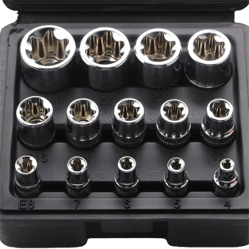 Female E Torx Socket Set with Case, 1/4, 3/8, 1/2 in. Drive E4-E24 External Torque Star Socket Kit, 14Pcs 4