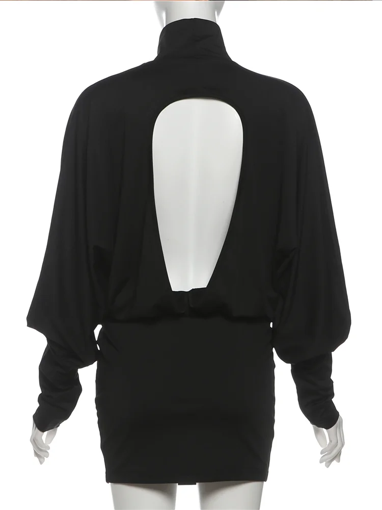 Nibber Backless Dress Women Turtleneck Lantern Sleeve Solid High Elasticity Sexy Simple Classic Street Prom Party Mini Bodycon
