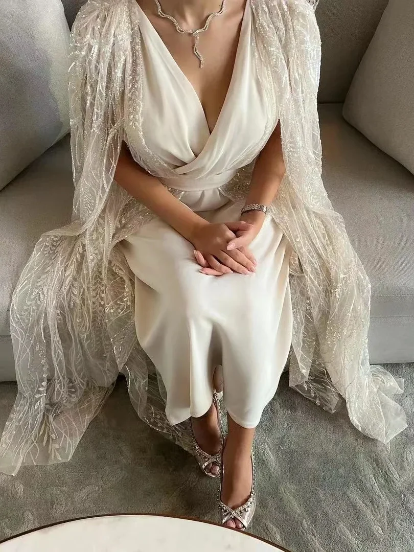 Dubai Women Wear V Neck Ruched Prom Dresses Long Wraps Overskirts Saudi Arabia Evening Party Bride Gowns Zipper Back Vestidos