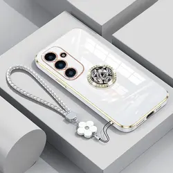 Luxury Diamond Ring Case with Holder and Lanyard, Shockproof Cover - Samsung A55 5G (Beige)