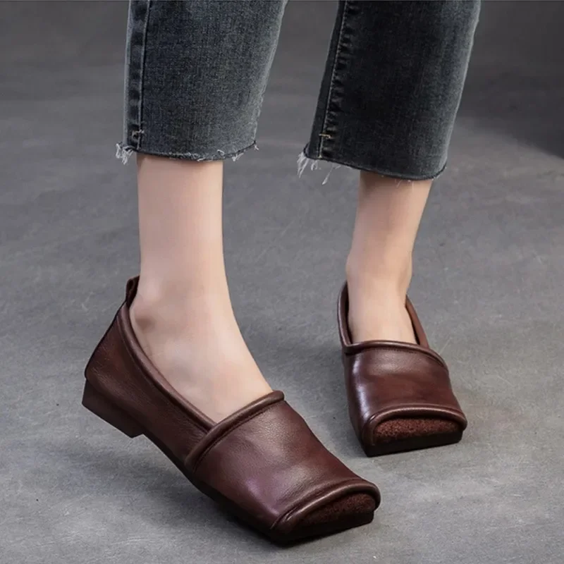 2025 Autumn New Leather Square Toe Flat Loafers Retro Soft Sole
