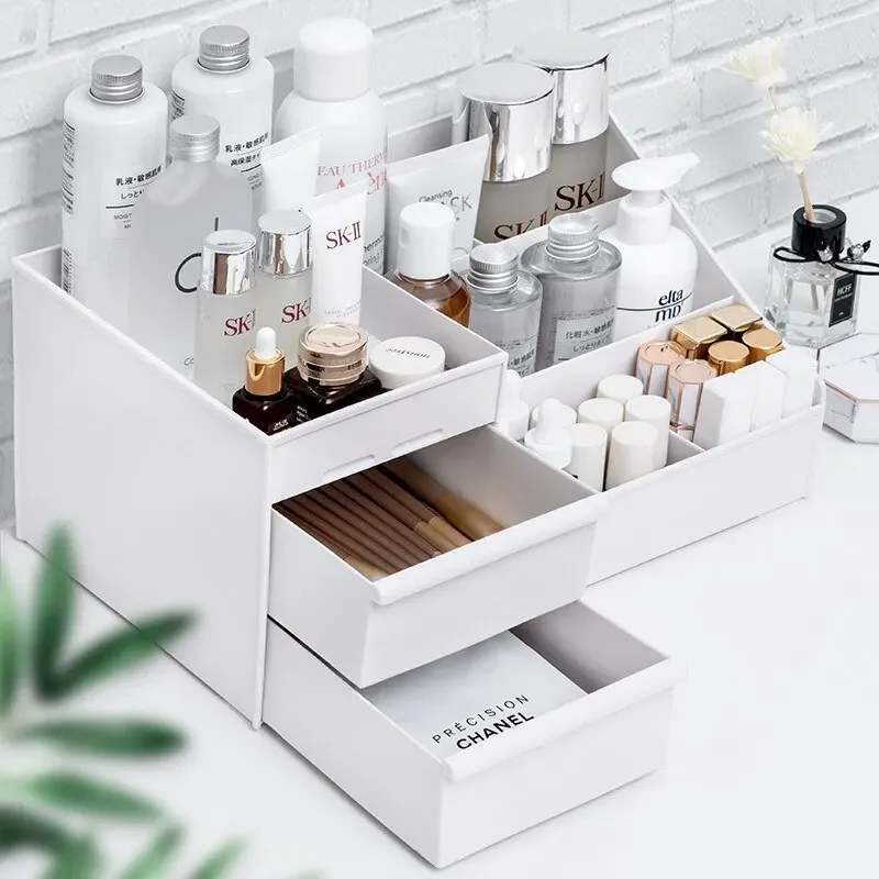 1pc White New Drawer Makeup Storage Box Dormitory Finishing Plastic Shelf Cosmetics Skin Care Dressing Table Desktop 4