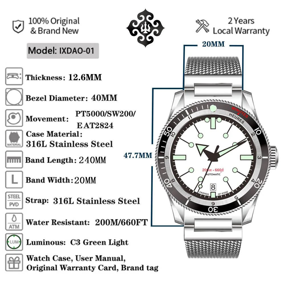 IPOSE IX&DAO 5303 Luxury Man's Automatic Mechanical Wristwatches ETA Movement Sport Clock Retro Diving Casual Dress Waterproof