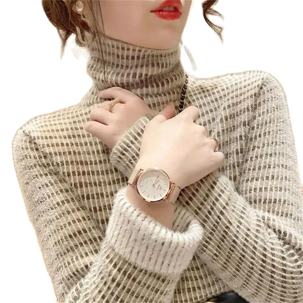 

Women's Black White Striped Stretch Pullover Casual Jumpers Female Stripe Long Sleeve Knit Autumn Winter Turtleneck Sweater