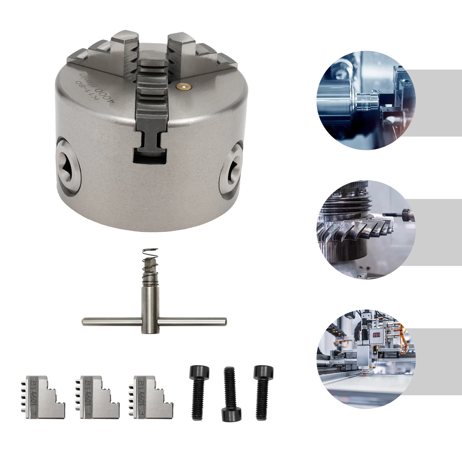 80mm/100mm/125mm 3-Jaw Self-Centering Chuck Adjustable Lathe Chuck Tools Set with Wrench for Clamping Milling Drilling Turning