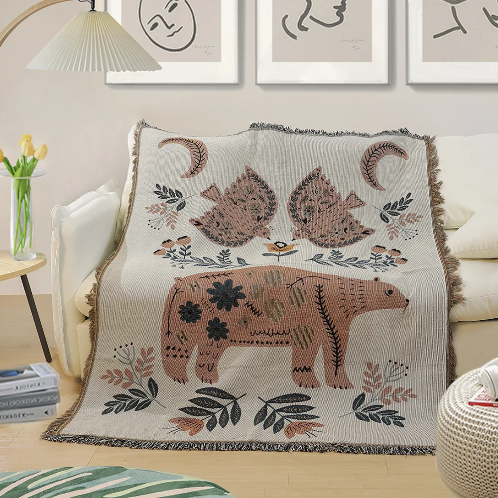 

Ins Style Scandinavian Decor Bear Rabbit Sofa Protective Cover Camping Picnic Blanket Cushions Carpeting Vintage Tapestries