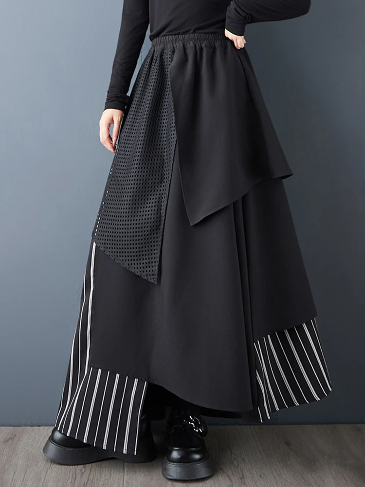 Black Vintage Stripe Irregular High Waist Skirt Women New Spliced Loose Casual Long Skirts Fashion Clothes Spring Autumn 2025