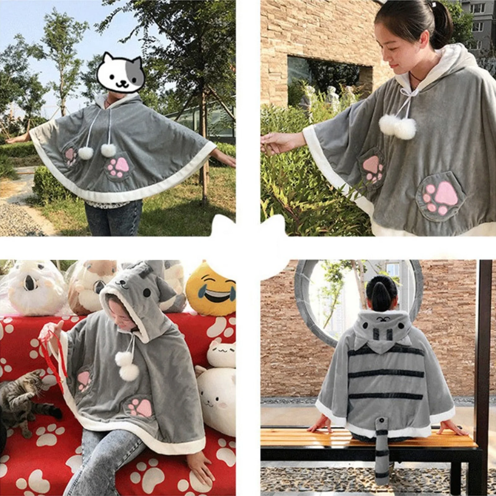 

Game Cute Cat Dog Atsume Hooded Cape Cosplay Warm Costume Corgi Shiba Inu Flannel Autumn Cloak Poncho Cat Cape with Cat Ears