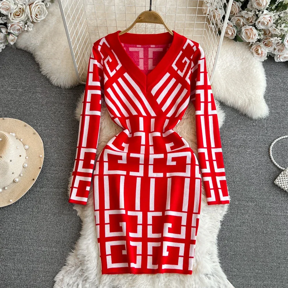 

Women Knitted Fashion Dress Autumn Winter Long Sleeve Y2K stripes Slim Dress Lady Elegant Bodycon Sweater Dress Vestidos