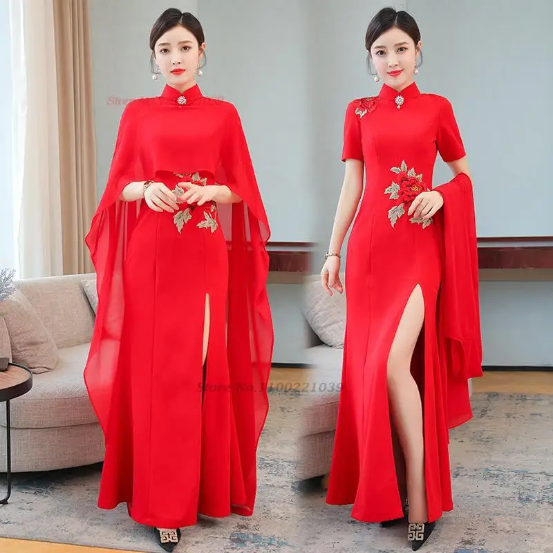 

2024 chinese improved dress qipao national flower embroidery cheongsam evening dress oriental banquet wedding party dress qipao