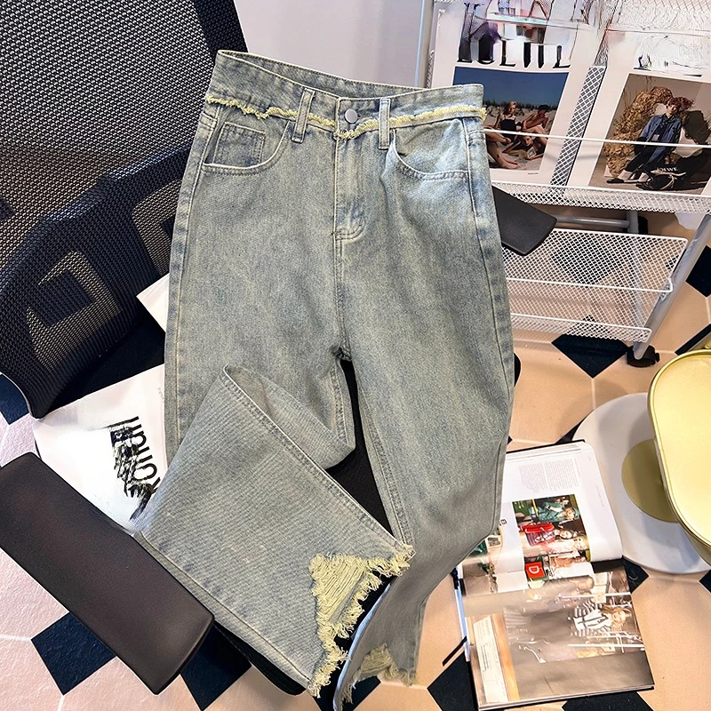 Casual Hole Jeans for Women's 2022 Spring Autumn Button Pockets High Waist Mom Baggy Straight Leg Wide Leg Pants Woman Trousers