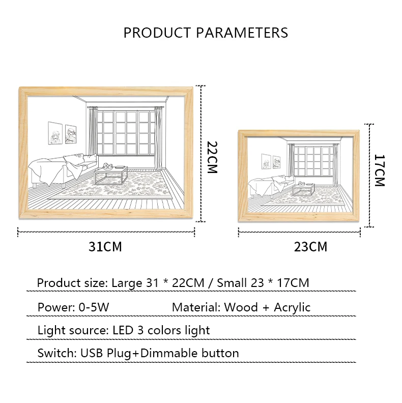 2023 INS Led Night Light Painting USB Plug Dimming Wall Artwork Table Lamp Gift Sunlight Window Wooden Photo Night Lamp Luminous