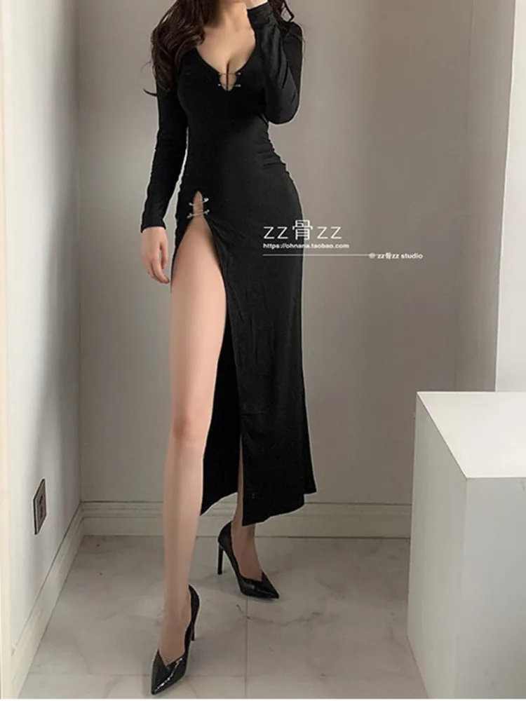 Casual Dresses New Split V Neck Big Bust Cross Hollow Slim Korean Sexy Tank  Party Long Dress Elegant Straps Dresses Autumn Vintage Brooch 8I87 L230221  From 19,54 €