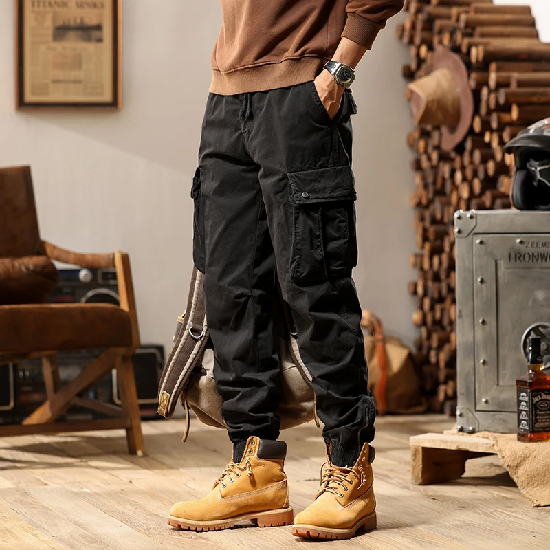American drawstring elastic waist retro youth trendy brand men's zipper large pocket work clothes casual pants multiple bags was