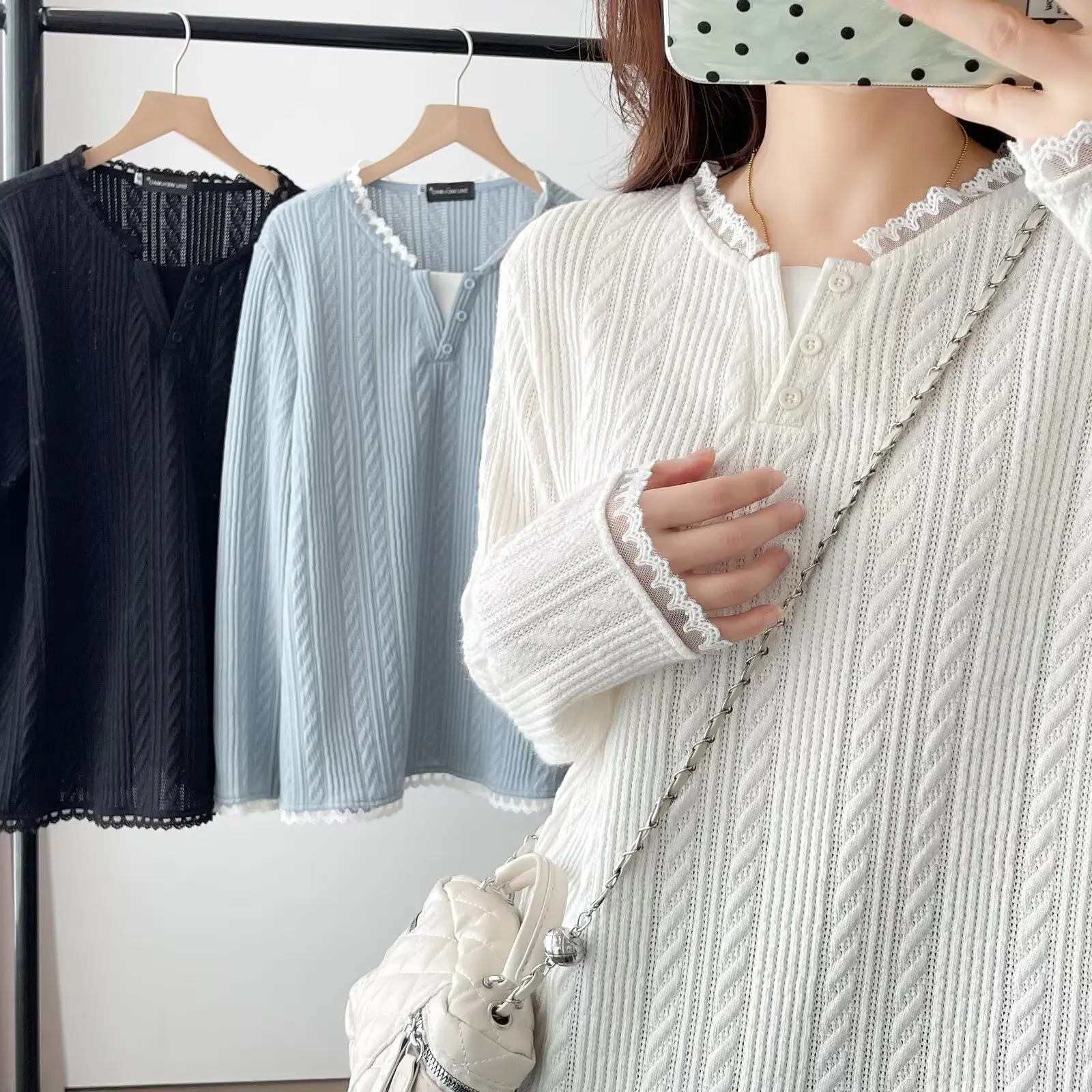 Fashion Plus Size Women's T-Shirt Lace Collar Fake Two Pieces Long Sleeved Tops Autumn 2025