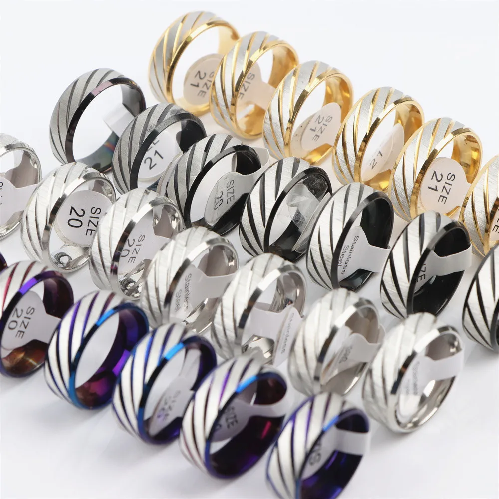 10Pcs/Lot New Fashion Classic Trendy Simple Stainless Steel Twill Ring For Men Women Wave Couple Mixed Color Jewelry Gifts