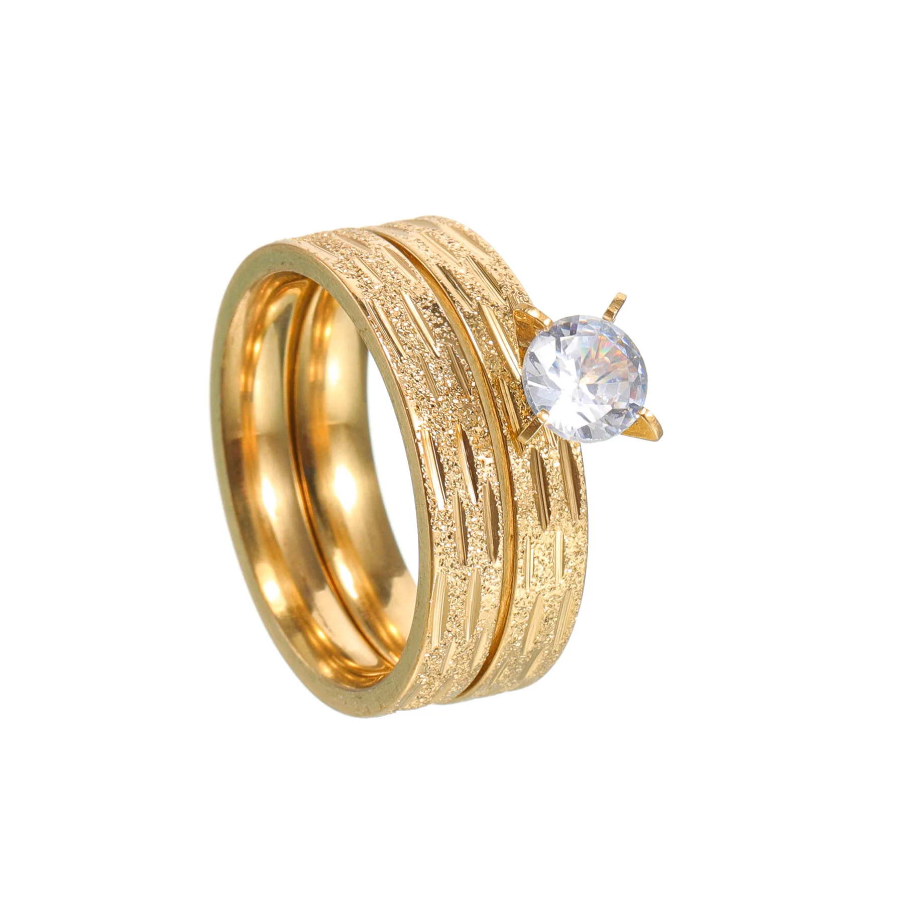 2pcs/set Gold Color Stainless Steel Titanium Ring Cubic Zircon Rhinestone Couple Rings Engagement Wedding Jewelry Men Women wedding rings couple rings