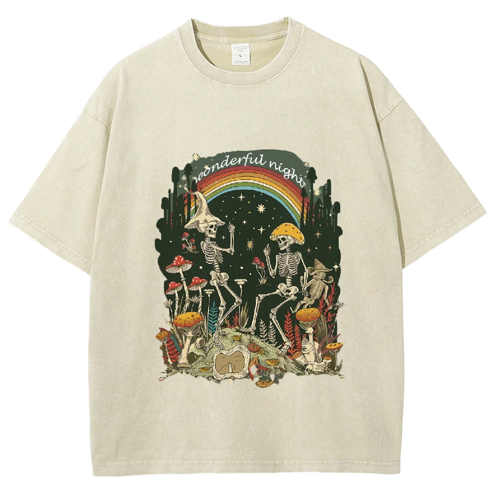 

Wonderful Night Washed Tshirt, Skull Cartoon Skeleton Mashroom Print, Street Tops Comfortable Oversized Vintage Unisex Plus Size