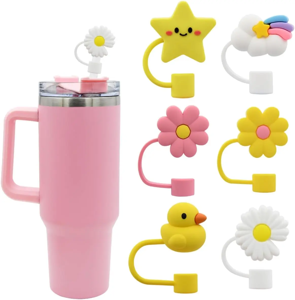 Straw Cover Cap for Cup, 8mm Reusable Straw Topper for 30&40 oz Tumbler, Cartoon Straw Tip Covers for Cups Accessories (Yellow)