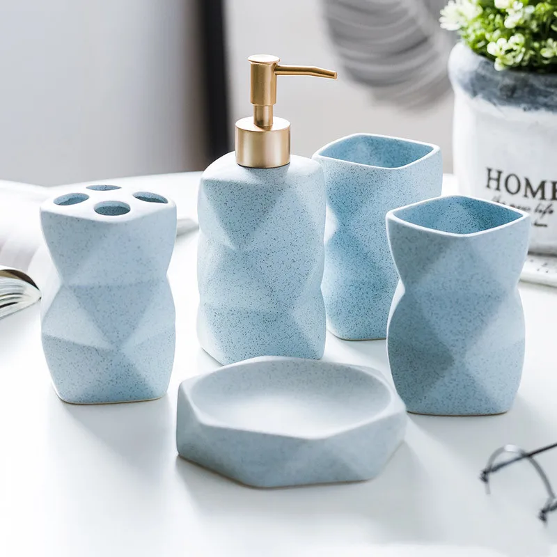 

Ceramic Bathroom Kit Set Liquid Soap Dispensers/Dish Toothbrush Holder/Rack Gargle Cups 5 Piece Sets Wedding Gifts Presents