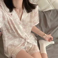 Cherry Print Silk Pajamas Set for Women Summer Short Sleeve Shirt and Shorts Two Pieces Sleepwear Homewear Nightwear - Image 5