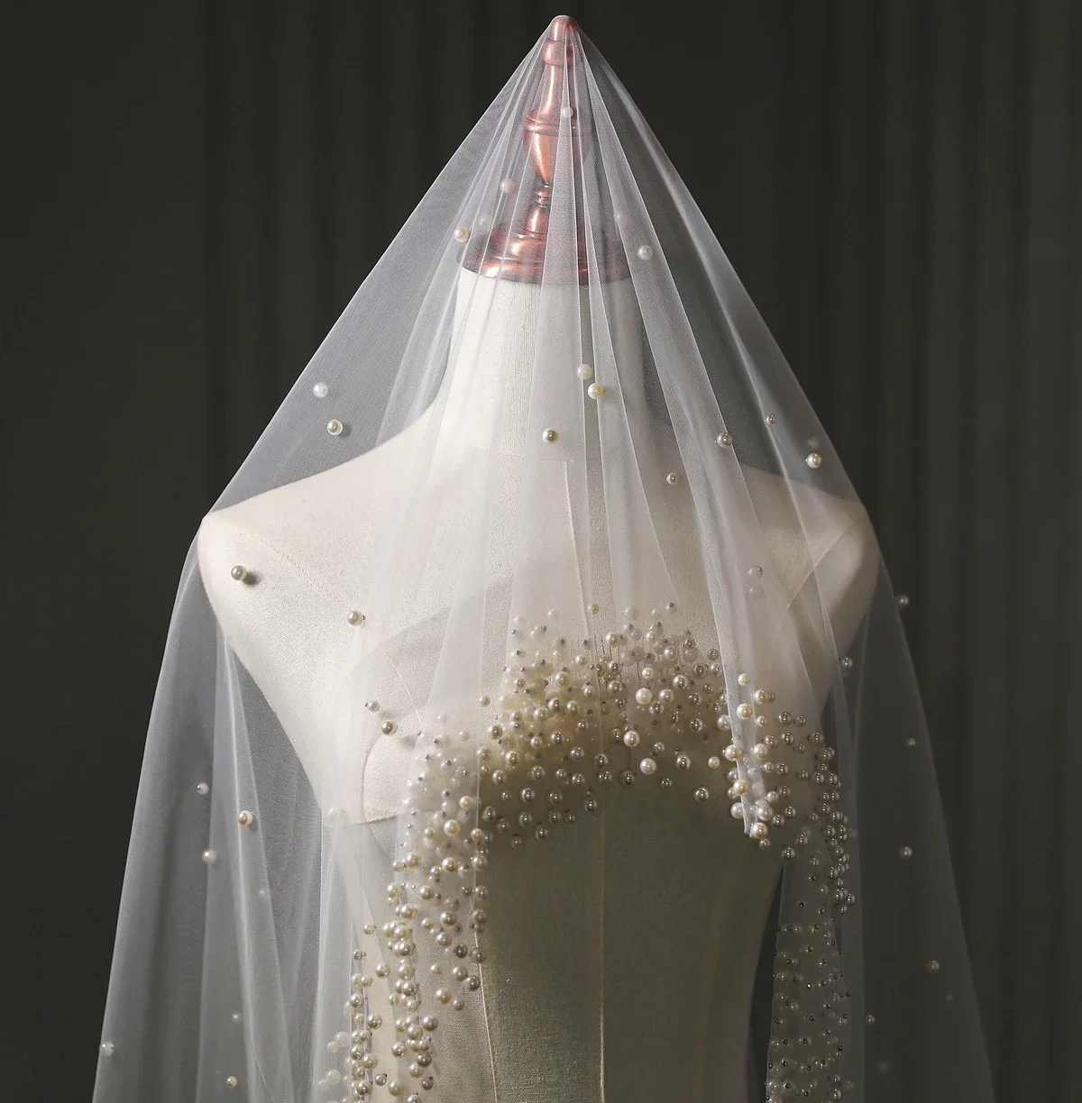 Pearls Wedding Veil 1 Layer Long Bridal Cathedral Veil With Pearls Mantilla Luxurious Tulle Crystal Bride Hair Accessories bridal veil