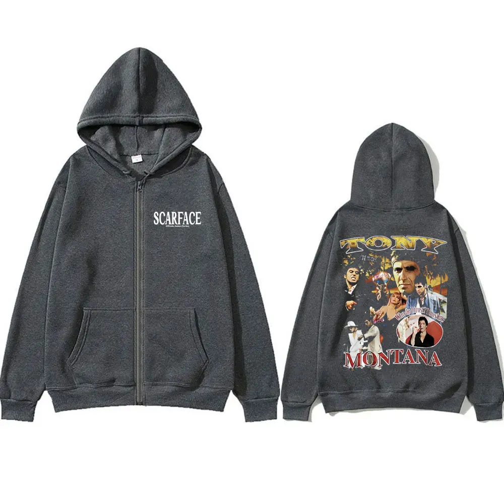 Vintage Movie Scarface Tony Montana Zipper Hoodie Al Pacino Graphic Hoodies Men Women Casual Cotton Rock Oversized Zip Up Jacket