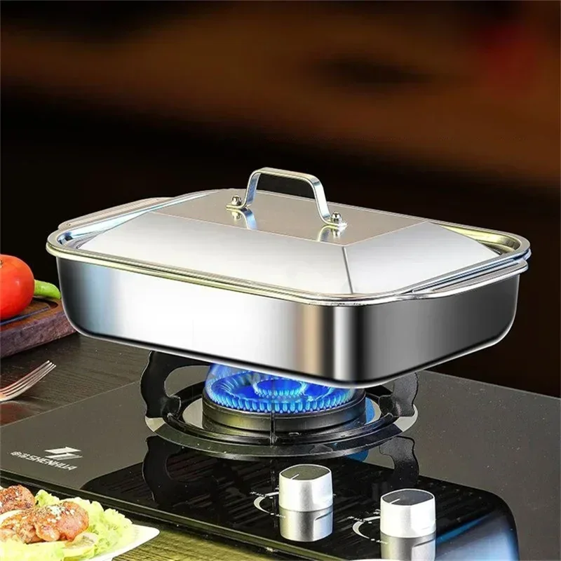 304 Stainless Steel Grilled Fish and Crayfish Tray with Lid Rectangular Induction Cooker Deep Dish BBQ Beef Food Plate