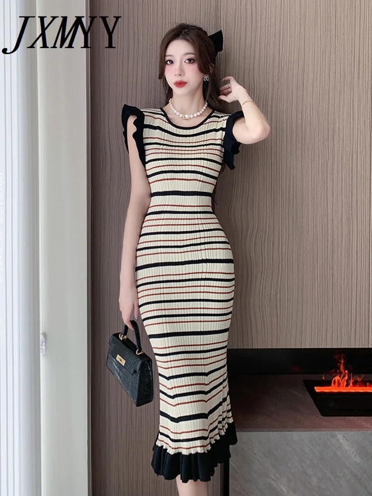 

JXMYY Summer New Fashion Elegant Temperament Slimming Striped Color Collision Dress Fashion Sleeveless Bag Buttock Women's Wear