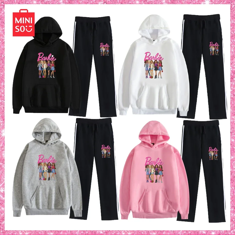 

2024 New Miniso Barbie Style Stylish Printed Hoodie and Casual Sweatpants Two Piece for Boys and Girls Birthday Gift