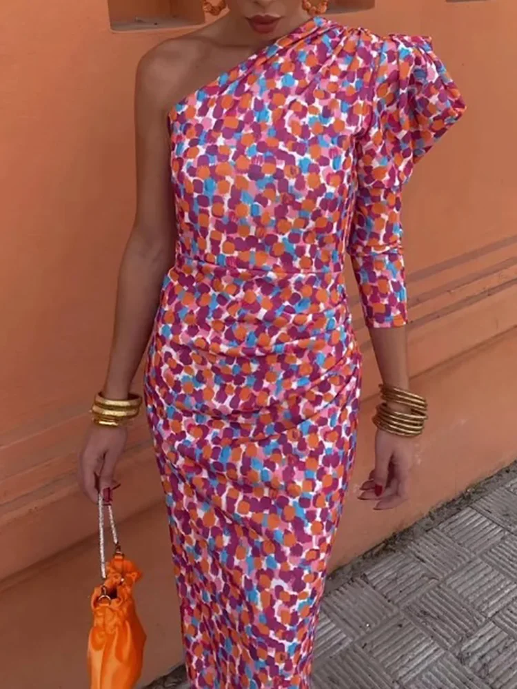 

2024 Backless Printing Maxi Dress, Women Spring Summer Loungewear Long Sleeve Party Dress, Diagonal Collar Fashion Ladies Dress