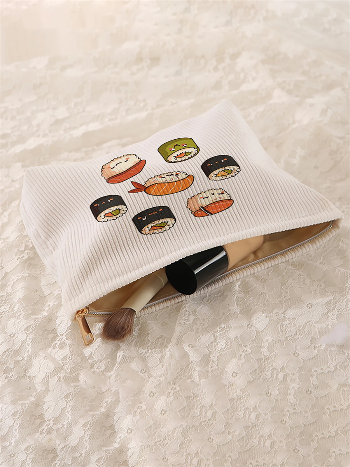 1 sushi patterned corduroy makeup bag, lightweight zipper makeup storage box, multifunctional bag with lining