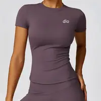 Vêtements de yoga pour femmes, T-shirt de sport à manches courtes, col rond, respirant, élastique, pour la gym, le yoga, amincissant, haut de sport d'été 4
