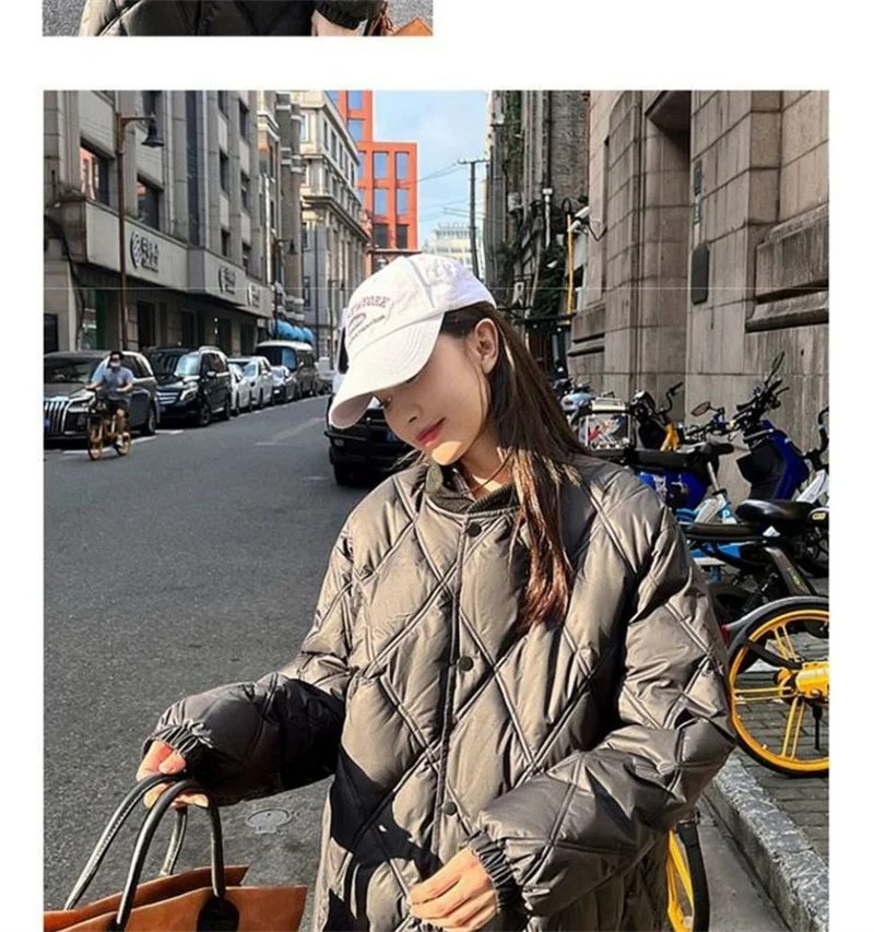 2025 Autumn Winter New Down Cotton Jacket Women's Long Over Knee Loose Jacket Diamond Grid Quilted Jacket Fake Two-Piece Parka