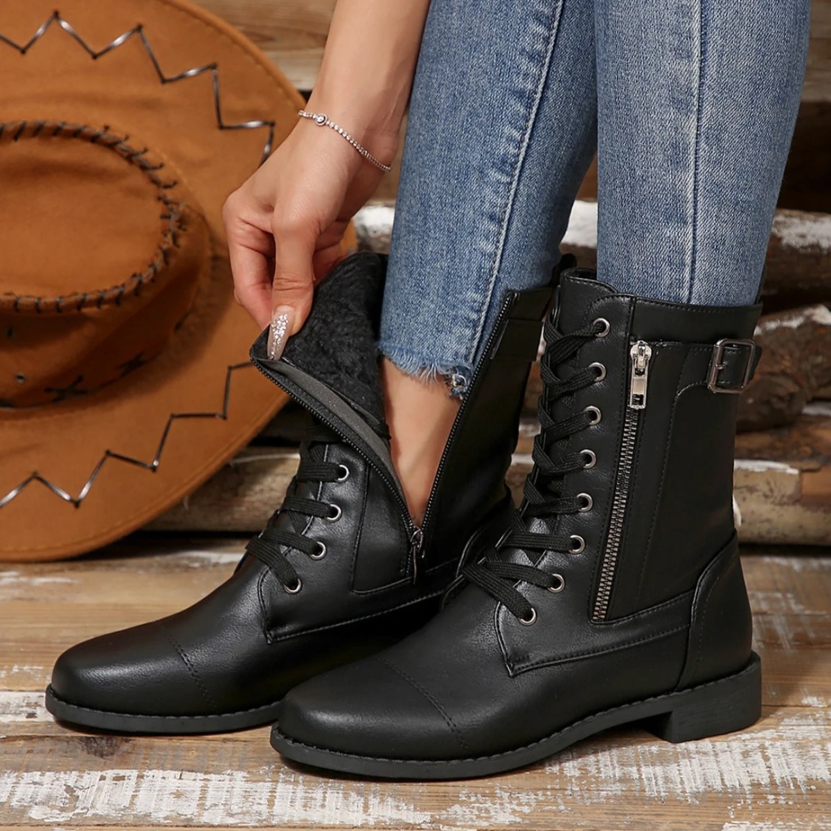 Women's Square Heels Ankle Booties Autumn Winter PU Leather Short Work Boots Comfortable Side Zippers Women's Boots