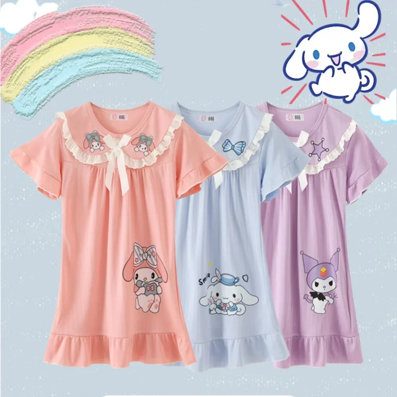 

Anime Figure Children's Pajamas Cinnamoroll Kuromi Melody Nightgown Cute Nightdress Short-sleeve Sleepwear Dress Girl Gift