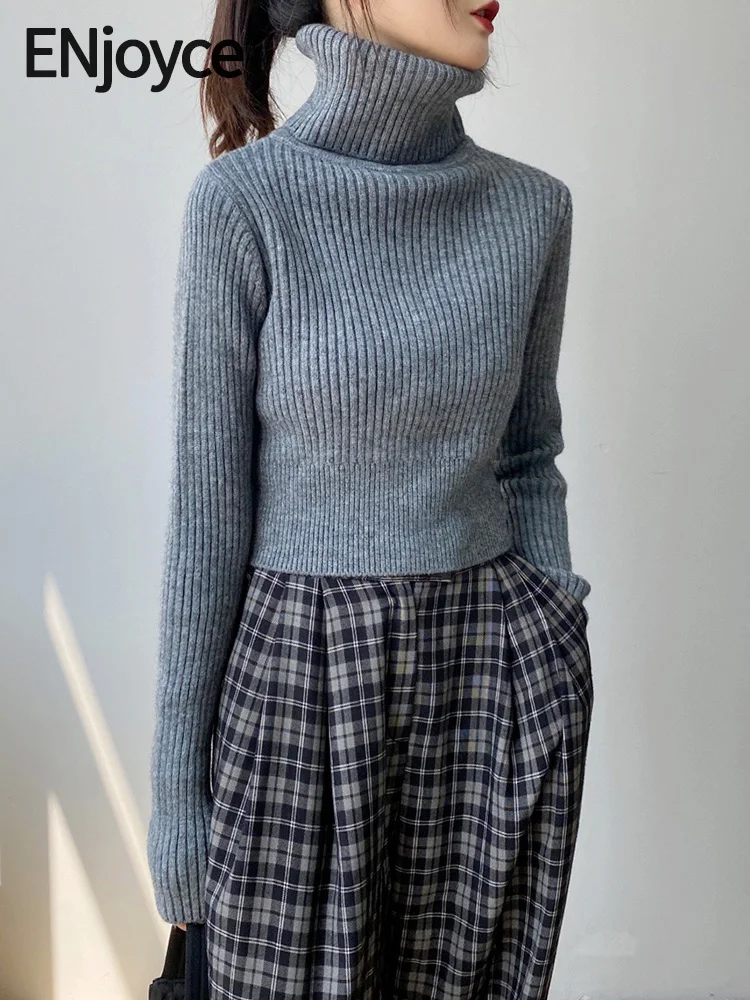 

ENjoyce Autumn Winter Women Vintage Camel Cashmere Turtleneck Sweater Crop Top Ladies Korean Knitwear Thick Knit Bottom Wear