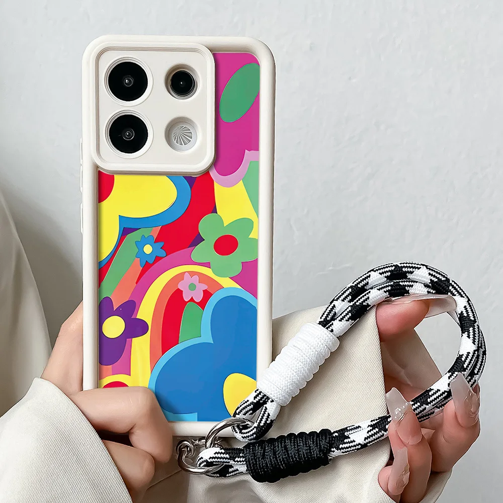 Colorful Flower Phone Cover with Wrist Chain Lanyard
