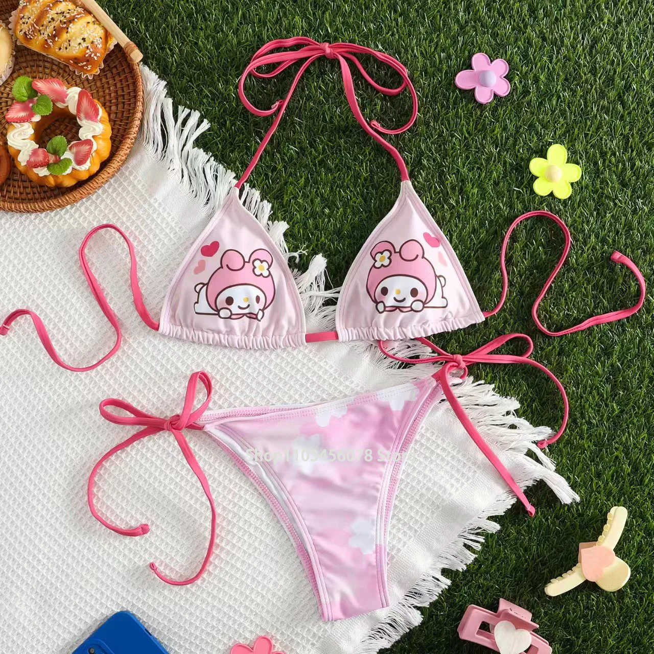 

2Pcs Sanrio Melodys Hello kitty Bikini Set Cute Cartoon Y2K Summer Beach Soft Side Strappy Panties Sexy Bikini Kawaii Swimsuit