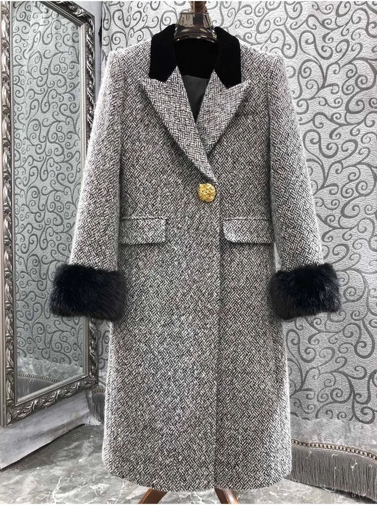 

Top Quality New 2023 Winter Long Coats Women Detachable Fur Patchwork Long Sleeve Casual Grey Wool Blend Overcoats Outerwear