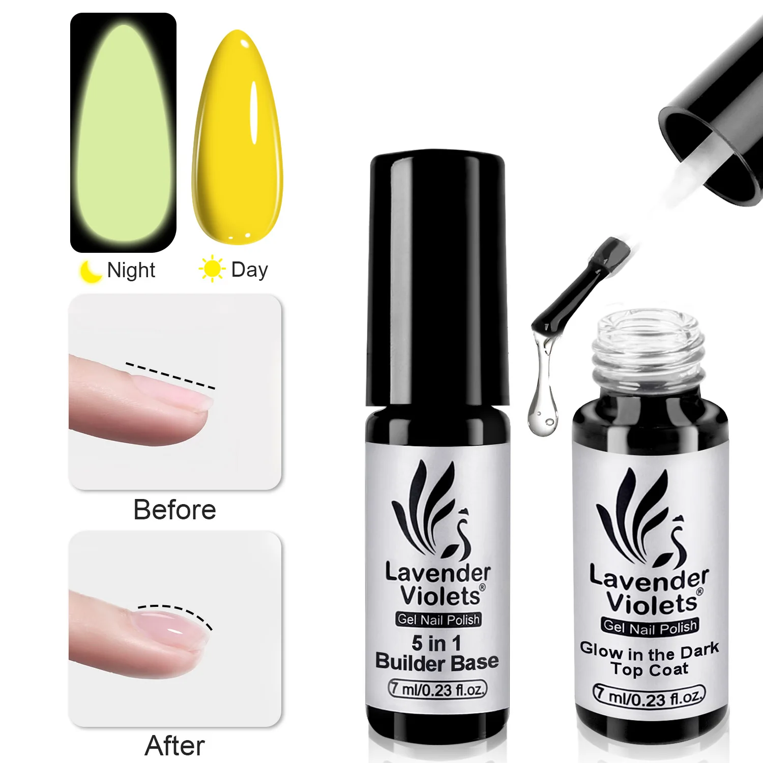 2pcs 7ml Builder Base Gel & Glow in the Dark Top Coat, Luminous Effect Soak Off Gel Nail Polish for Nail Art Design