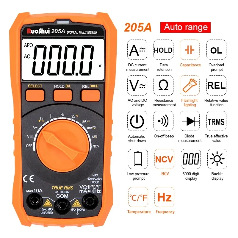 205A Auto Range True RMS Digital Multimeter 6000 Counts NCV LIVE Torch AC/DC Voltage Meter AC/DC Current Meter Portable digital multimeter