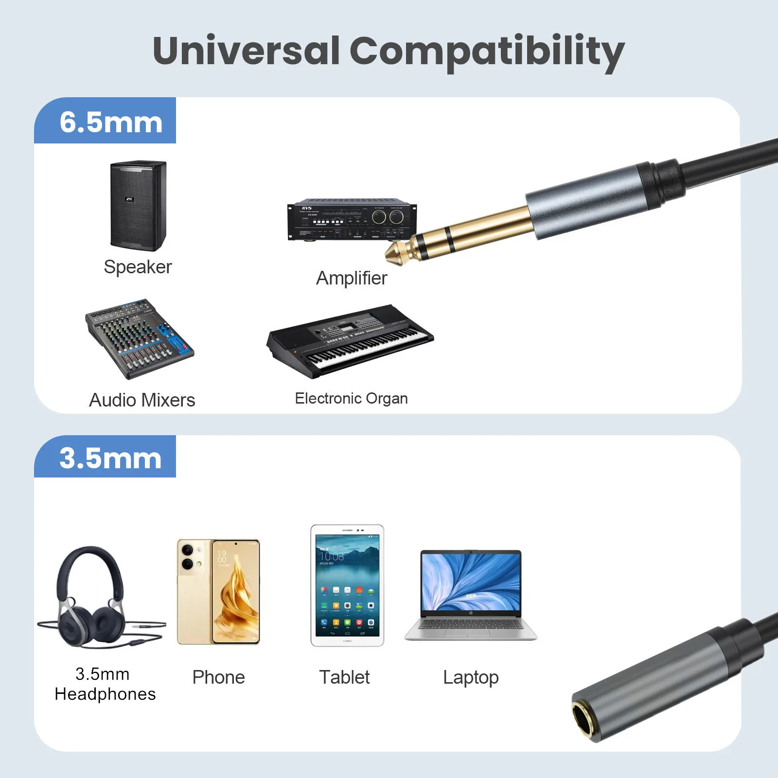 Adattatore Jack 6.3 3.5 Cavo Audio Jack 3.5mm A 6.35mm | Adattatore Stereo 1 Metro Per Mixer, Amplificatori, Chitarra, Smartphone E Laptop Collegamento Smartphone A Impianto Audio