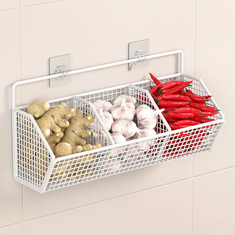 Wall Mounted Storage Rack - Multi Compartment Kitchen Shelf for Onion, Ginger & Garlic Organizer